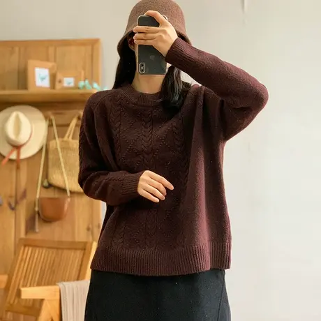 dza 复古纯色圆领麻花毛衣女士秋冬内搭打底衫宽松休闲针织衫上衣商品大图