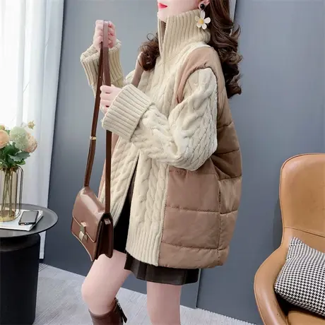 粗毛线加厚拼棉立领毛衣开衫女秋冬2023新款宽松百搭棉服外套上衣商品大图