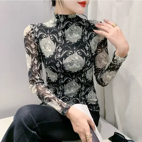 半高领打底衫女秋冬修身百搭显瘦长袖T恤洋气复古印花网纱上衣潮商品大图