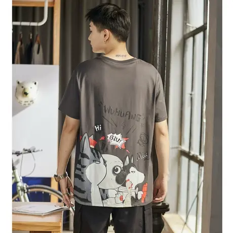 [吾皇猫联名]唐狮短袖t恤男夏季宽松时尚后背潮流印花体恤商品大图