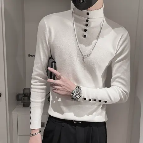 秋冬季痞帅毛衣男士修身潮牌上衣2022新款个性纯色排扣紧身打底衫商品大图