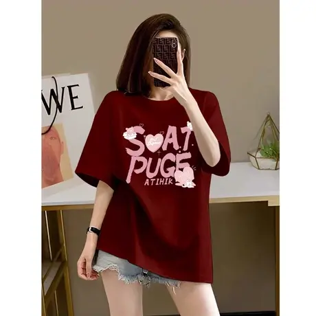 酒红色纯棉短袖t恤女2024新款设计感宽松大码中长款内搭打底衫图片