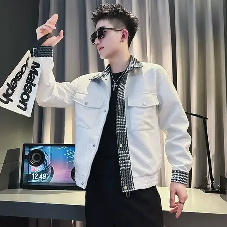 假两件翻领外套男春秋季潮牌机车男装褂子2023新款痞帅气拼接夹克商品大图
