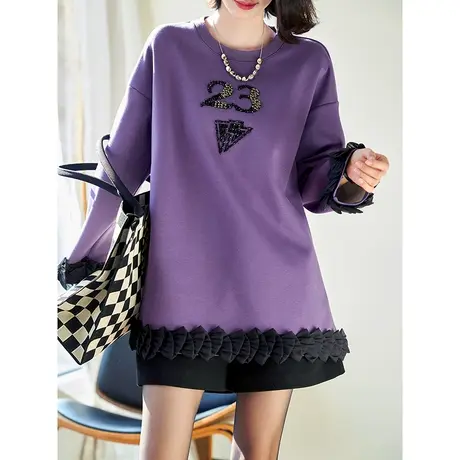 宝诗黎2024春季新款圆领钉钻拼接加绒卫衣女宽松落肩棉质套头上衣商品大图