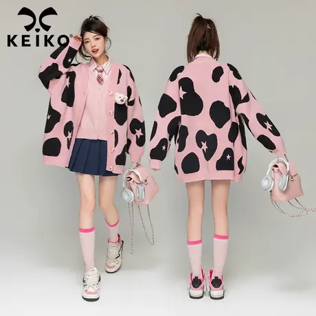KEIKO 奶牛纹粉红针织毛衣开衫2024早春慵懒风日系中长款宽松外套商品大图