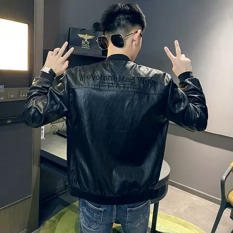 秋冬男皮衣时尚休闲夹克修身棒球领个性刺绣潮流帅气ins机车外套商品大图