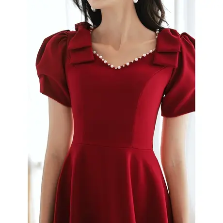 敬酒服新娘夏季酒红色结婚订婚回门礼服连衣裙女小个子法式蝴蝶结商品大图