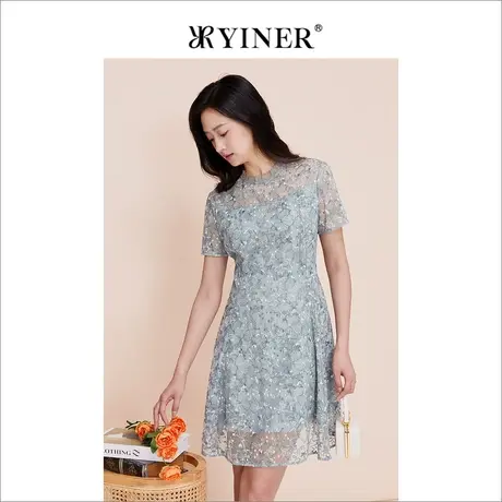 YINER音儿线上专选女装2023夏季淑雅木耳花边绣花网纱连衣裙商品大图