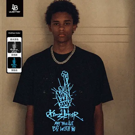 Lilbetter幸运手势夜光短袖男夏季t恤美式体恤衫帅气潮牌五分袖LB商品大图