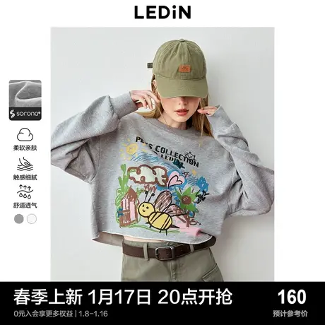 乐町涂鸦短款卫衣24年春季新款正肩圆领长袖上衣女大图案宽松卫衣图片