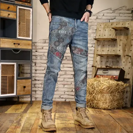 高档潮牌牛仔裤腰果花拼接浅蓝美式高街牛仔裤潮流牛仔裤休闲男装图片