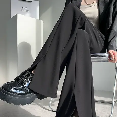 黑色微喇阔腿裤女春秋2024新款高腰显瘦窄版垂感休闲显瘦拖地长裤图片