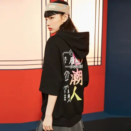 唐狮2022夏装新款连帽半袖卫衣女国潮黑色短袖韩版宽松上衣女潮酷商品大图