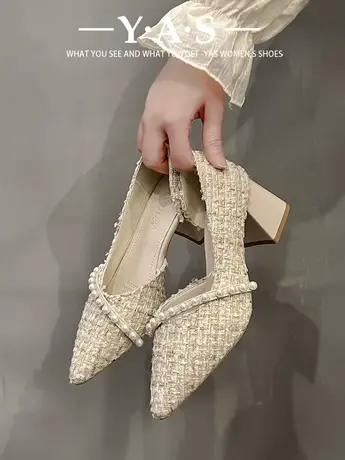 法式单鞋女粗跟2024新款春季百搭温柔晚晚风尖头优雅气质中高跟鞋图片