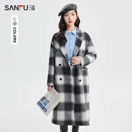 三福厚外套2024春季西装领翻领双排扣长款呢大衣女装482217图片