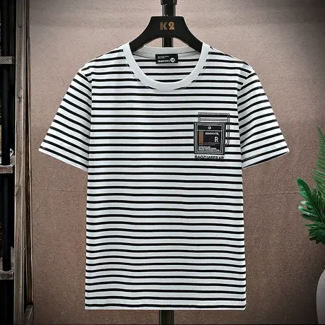 2023夏季条纹圆领短袖t恤男士韩版潮流纯棉修身半袖打底衫男装ins商品大图
