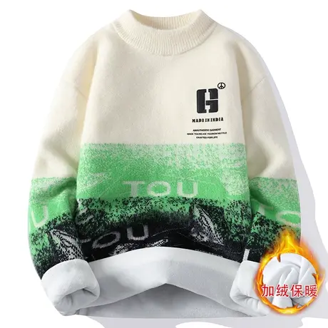青少年学生毛衣男士加绒加厚2022秋冬季保暖水貂绒毛线衣韩版潮流商品大图