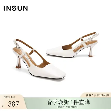 INSUN恩裳夏季方头高跟细跟牛皮凉鞋商品大图