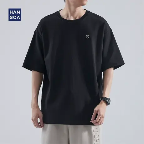 hansca 黑色短袖t恤男宽松圆领夏季新款潮牌日系休闲重磅大码体恤商品大图