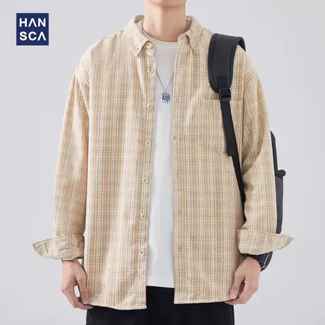 hansca翻领长袖衬衫男春季新款日系潮牌复古条纹宽松休闲衬衣外套商品大图