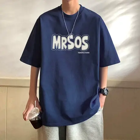 发泡印花纯棉美式oversize短袖t恤男夏季2024新款高街情侣上衣潮商品大图