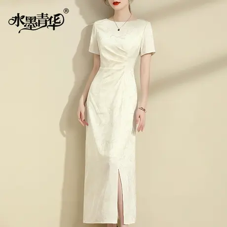 水墨青华2024夏季新品气质优雅收腰开叉长裙时尚百搭提花连衣裙图片