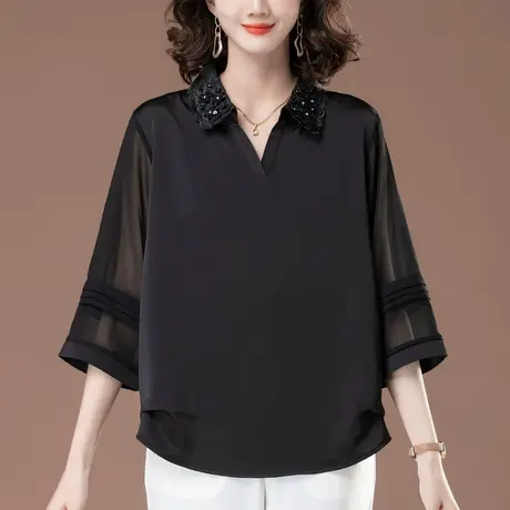 七分袖上衣女夏季宽松加大码女装中老年妈妈洋气遮肚中袖雪纺小衫图片