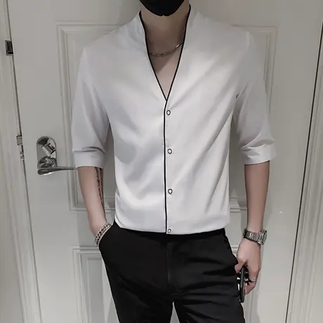 夜场痞帅七分袖衬衫男士个性潮牌V领上衣夏装发型师垂感中袖衬衣商品大图