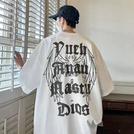 短袖t恤男夏季2023新款宽松纯棉圆领体恤潮流字母翅膀印花半袖衫商品大图