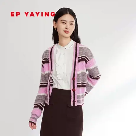 EP YAYING雅莹女装 马海毛撞色条纹针织开衫 2023秋冬新款9149A商品大图