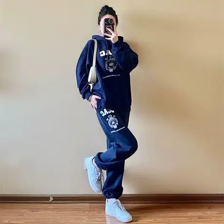 欧货大码运动休闲套装女春季胖mm减龄显瘦遮肚藏肉连帽卫衣两件套图片