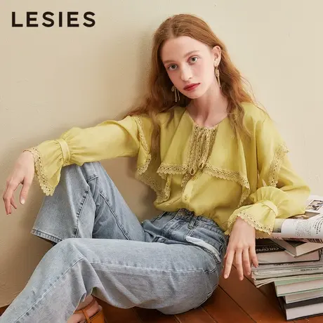 蓝色倾情春秋季女装新款 黄色蕾丝翻领宽松公主上衣女气质两件套商品大图