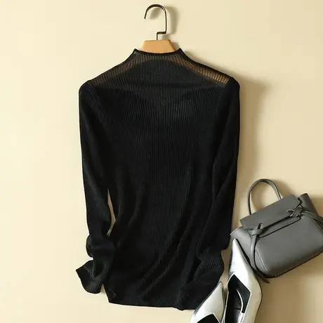 秋冬蕾丝拼接半高领套头天鹅绒打底衫女士修身毛衣弹力针织衫女商品大图