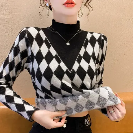 一体绒保暖针织毛衣女秋冬内搭加厚半高领打底衫格子拼色气质上衣图片