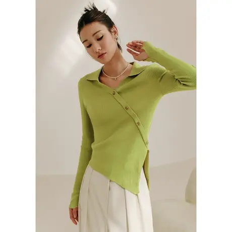 弥古法式绿色针织衫小众设计感不规则开叉上衣女春秋季翻领polo衫图片