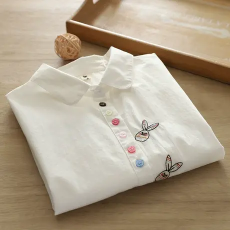 春秋新款学院风文艺小清新刺绣纯棉长袖白衬衫女学生百搭打底上衣图片