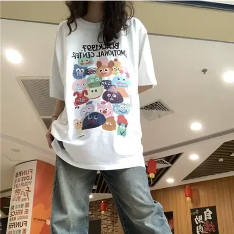 纯棉正肩短袖t恤女夏季宽松潮牌ins半袖设计感小众chic港味上衣服商品大图