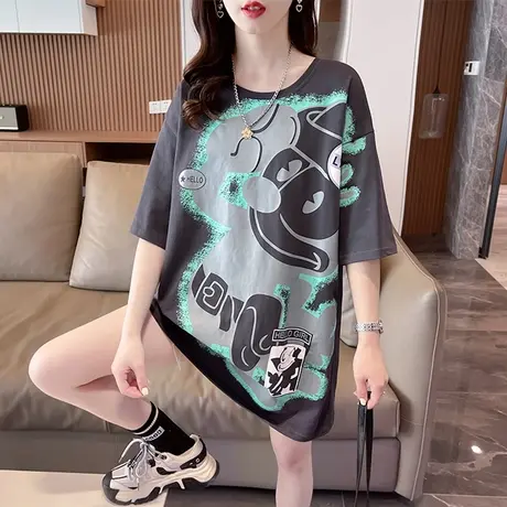小众设计感短袖t恤女夏季韩版宽松大码女装中长款小个子涂鸦上衣图片