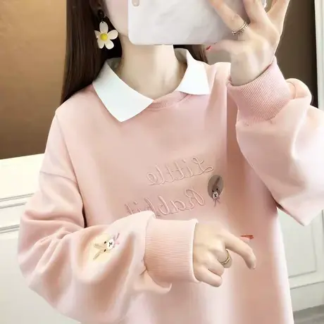 早秋娃娃领卫衣女春秋韩版宽松polo领薄款长袖t恤假两件上衣外套商品大图