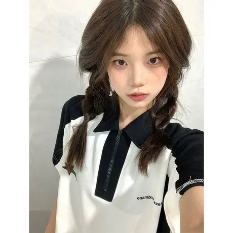 纯棉美式复古设计感polo领短袖t恤女夏季新款宽松小众上衣服潮牌商品大图