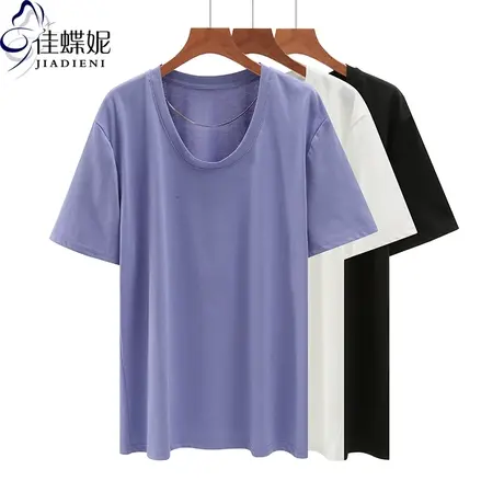 夏季新款韩版圆领宽松纯棉大码中长款休闲纯色短袖体恤上衣女装商品大图