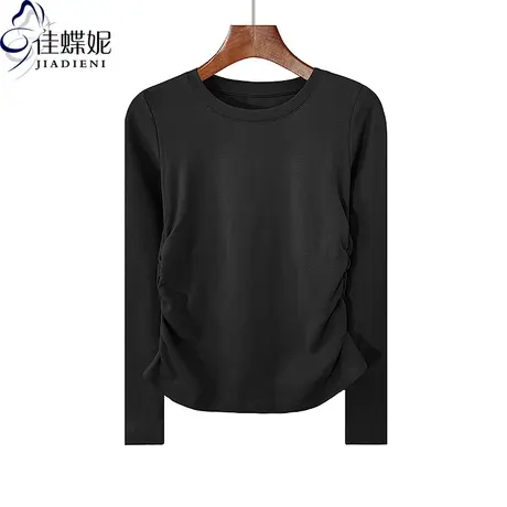 秋冬新款圆领修身显瘦褶皱纯欲纯棉纯色长袖体恤上衣内搭女打底衫商品大图