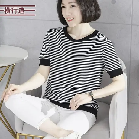 圆领条纹宽松短袖T恤2023新款夏装休闲简约半袖黑白条外穿女上衣商品大图