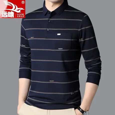 春秋季男士长袖t恤男翻领Polo衫条纹宽松上衣中年男装体恤打底衫商品大图