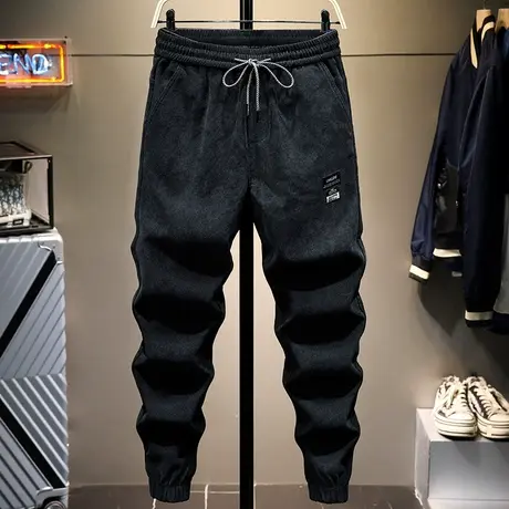 春季黑色潮牌华夫格条绒裤男士休闲裤宽松大码哈伦裤灯芯绒裤子潮商品大图