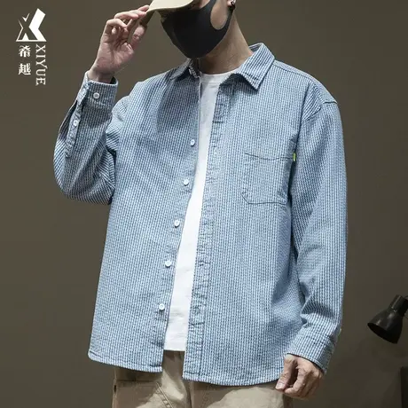 希越日系水洗蓝色条纹长袖衬衫男生宽松大码秋冬开衫衬衣外套男潮商品大图