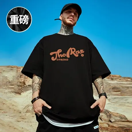 300g重磅美式字母印花短袖t恤街头大码黑色圆领纯棉简约男士半袖商品大图