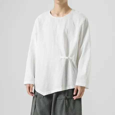 2023秋季男T恤复古套头长袖打底衫中国风复古盘扣宽松衣服大码潮图片