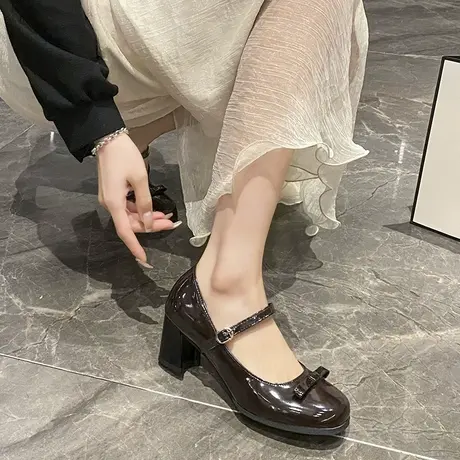 复古玛丽珍一字带高跟鞋女中古鞋2023春季新款粗跟蝴蝶结浅口单鞋商品大图