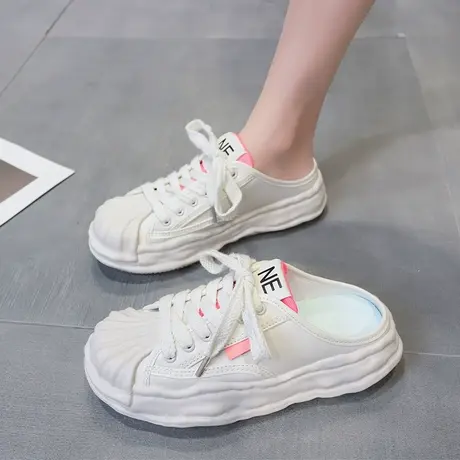 网红包头半拖鞋女夏外穿2023年厚底贝壳头溶解小白鞋女懒人帆布鞋图片